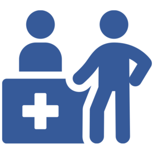 Larger Graphic in blue to symbolize a care provider and patient.